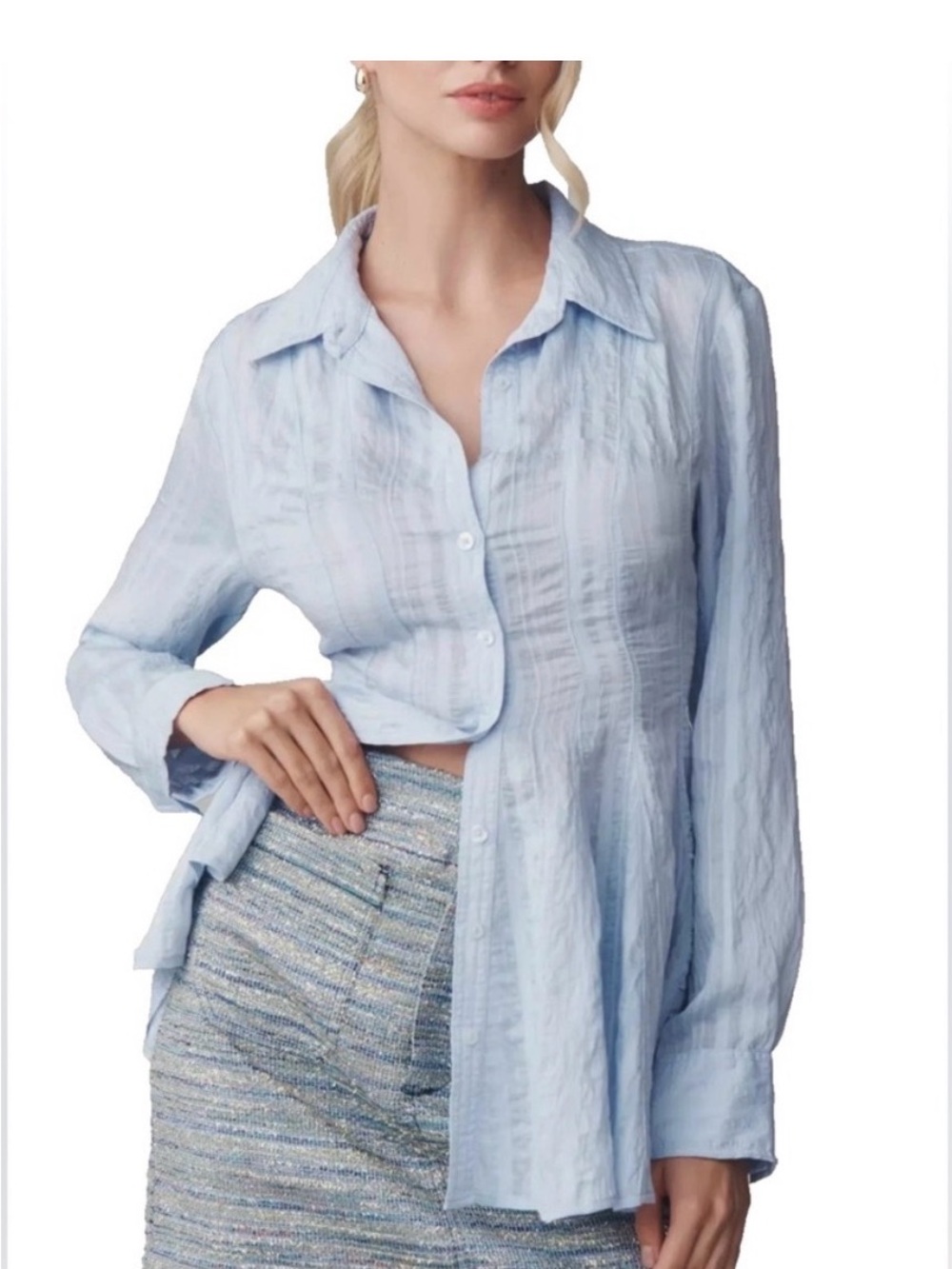 Maeve Soft Light Blue Waisted Textured Button-Down Shirt